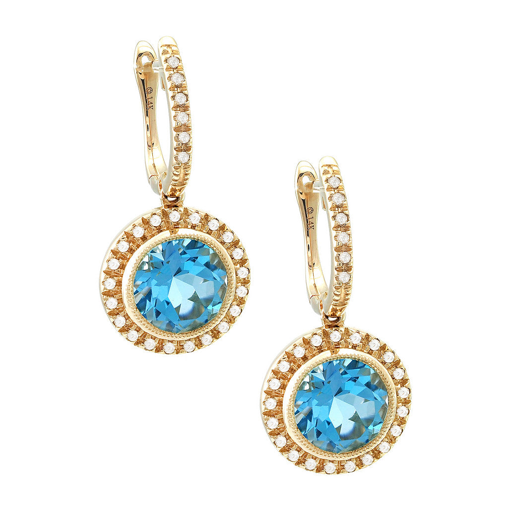 14K Blue Topaz Bezel And Diamond Drop Earring