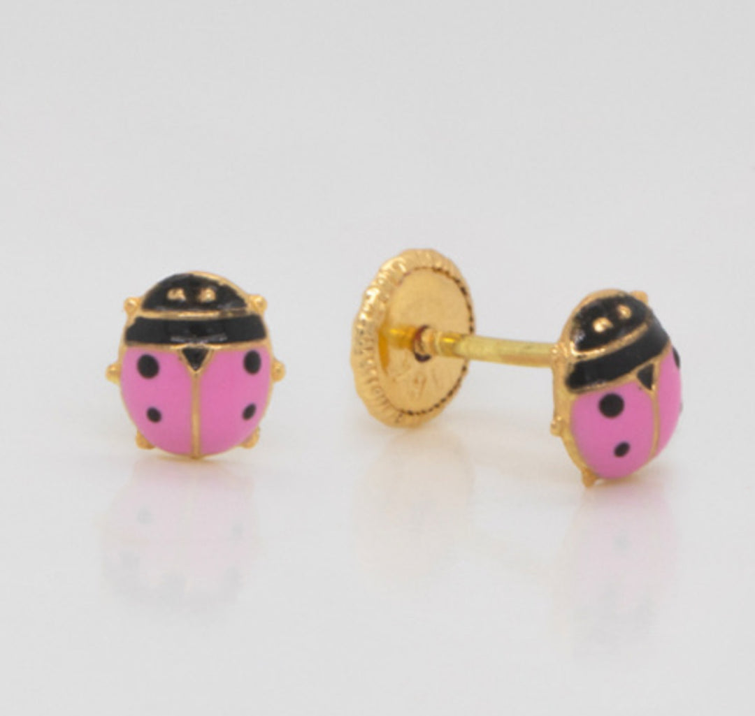 14K 7mm Enamel Pink Lady Bug earrings screw backs