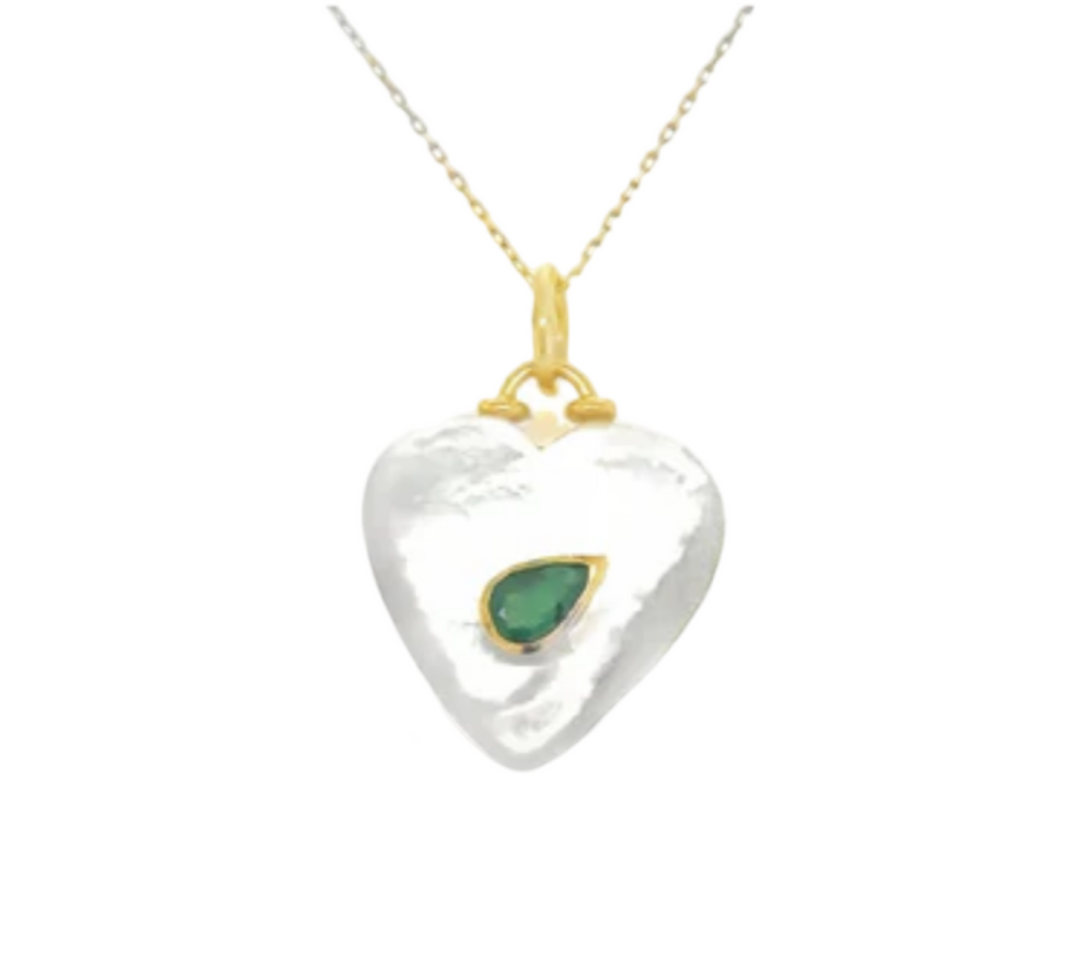 14KT YELLOW GOLD MOTHER OF PEARL AND EMERALD HEART PENDANT