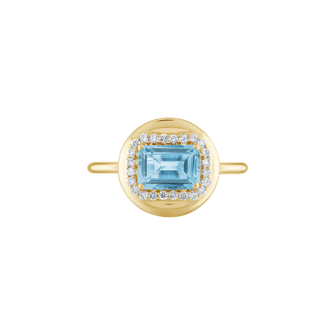 14K Yellow Gold Round Button Blue Topaz Diamonds Ring