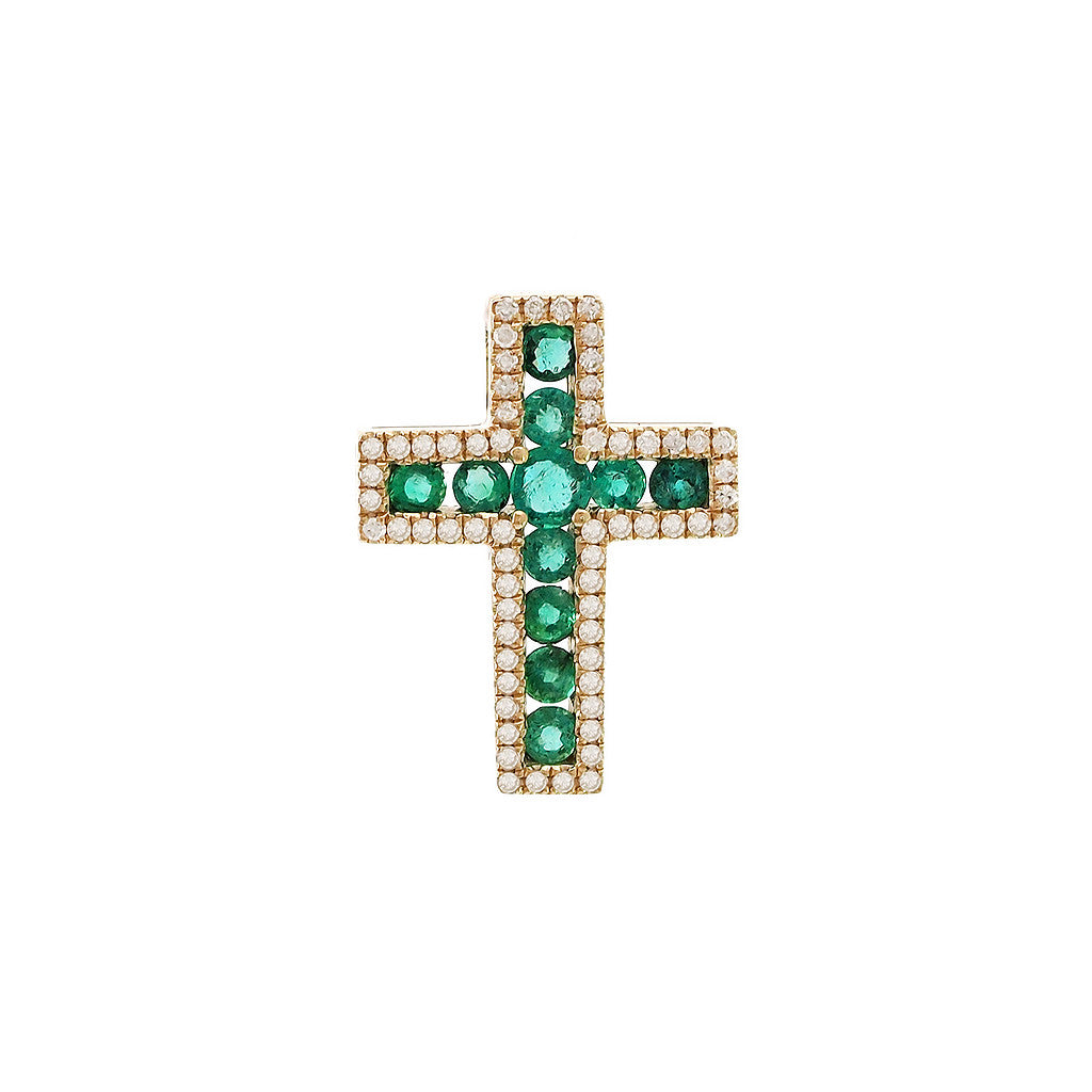 14K Yellow Gold Cross Round Emerald Pendant