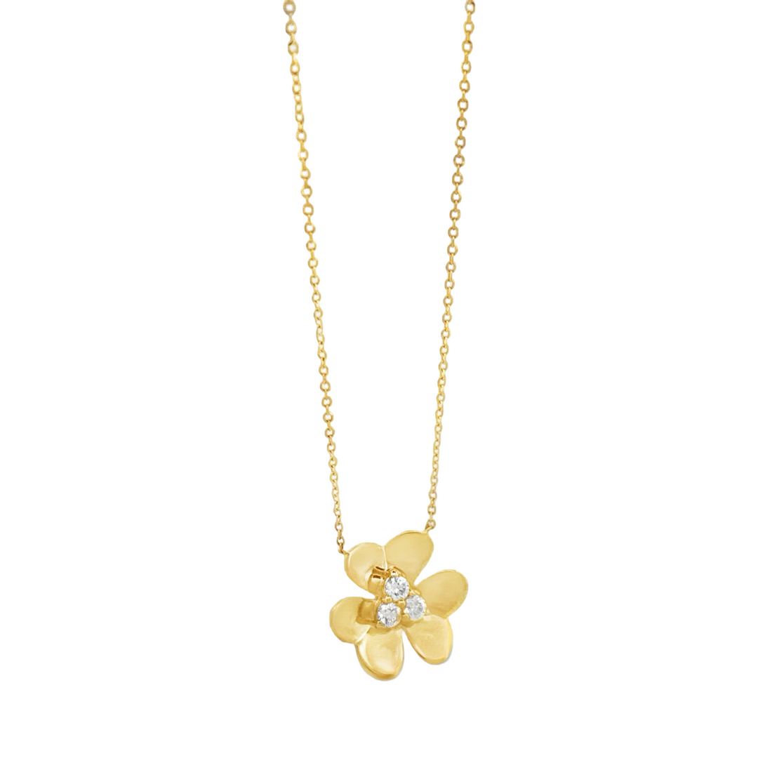 14K Yellow Gold Flower and 3 Diamonds Necklace
