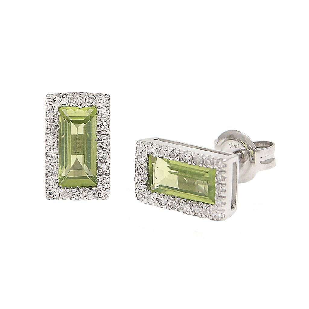 14K White Gold Stud Retangular Bezel Peridot and Diamond Earrings