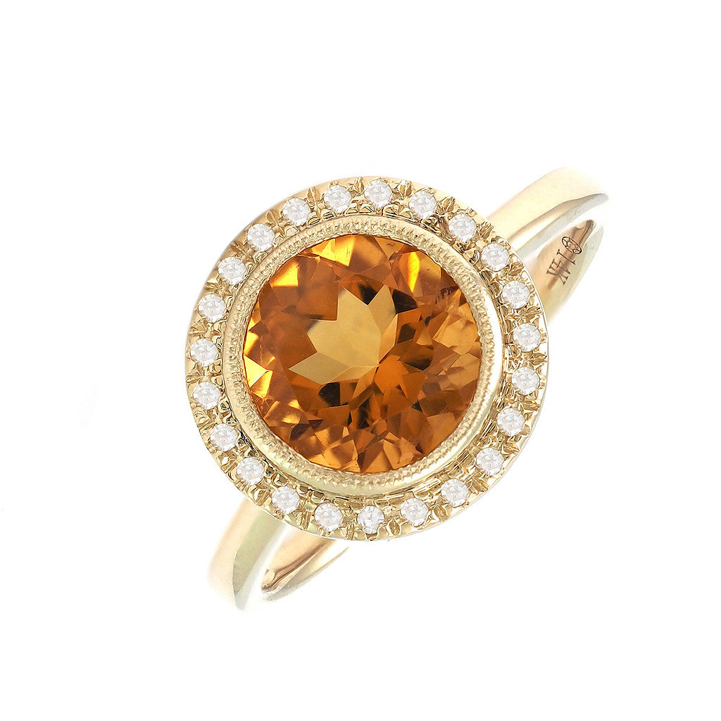 14K Yellow Gold Round Bezel Diamond Citrine Ring