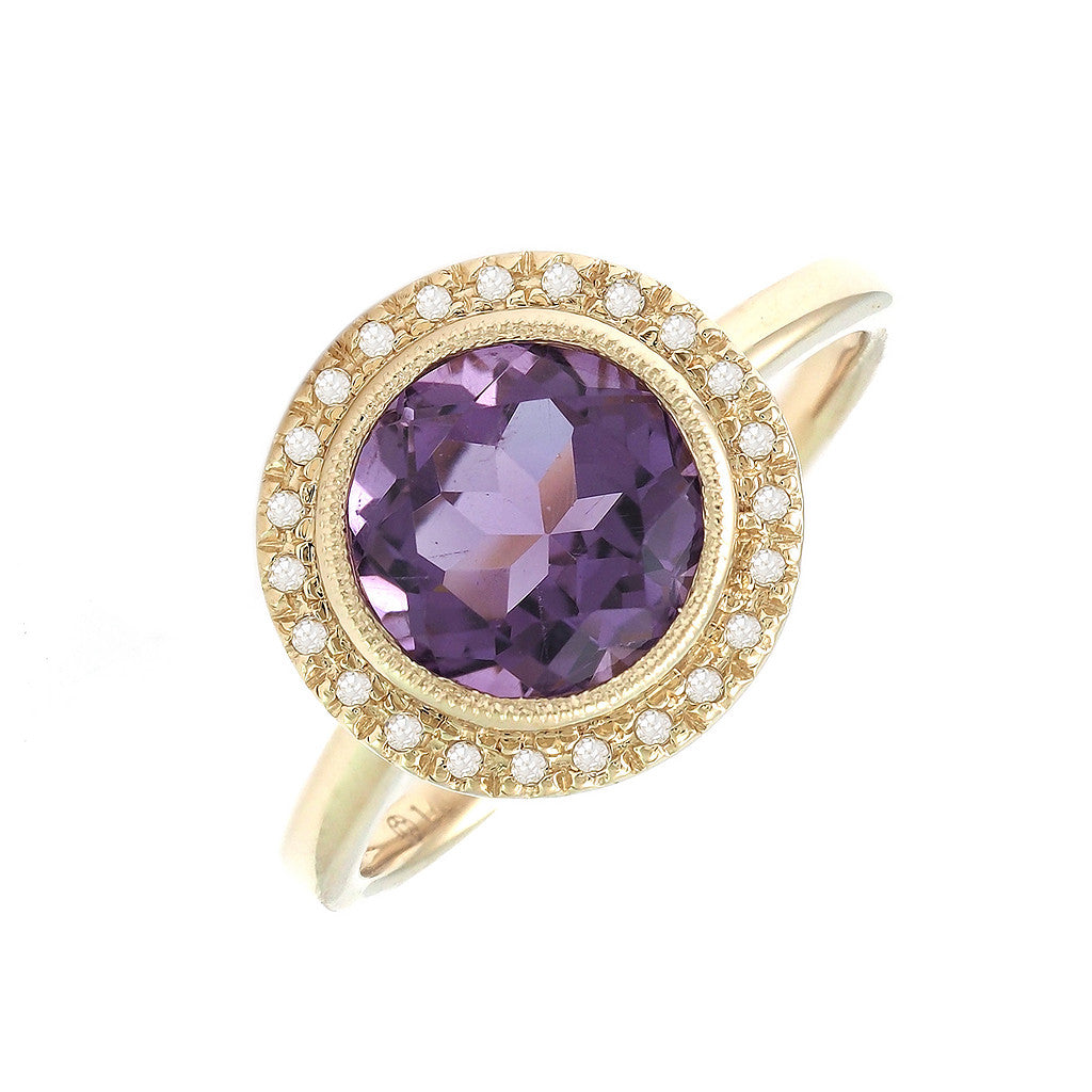 14K Round Bezel Diamond Amethyst Ring