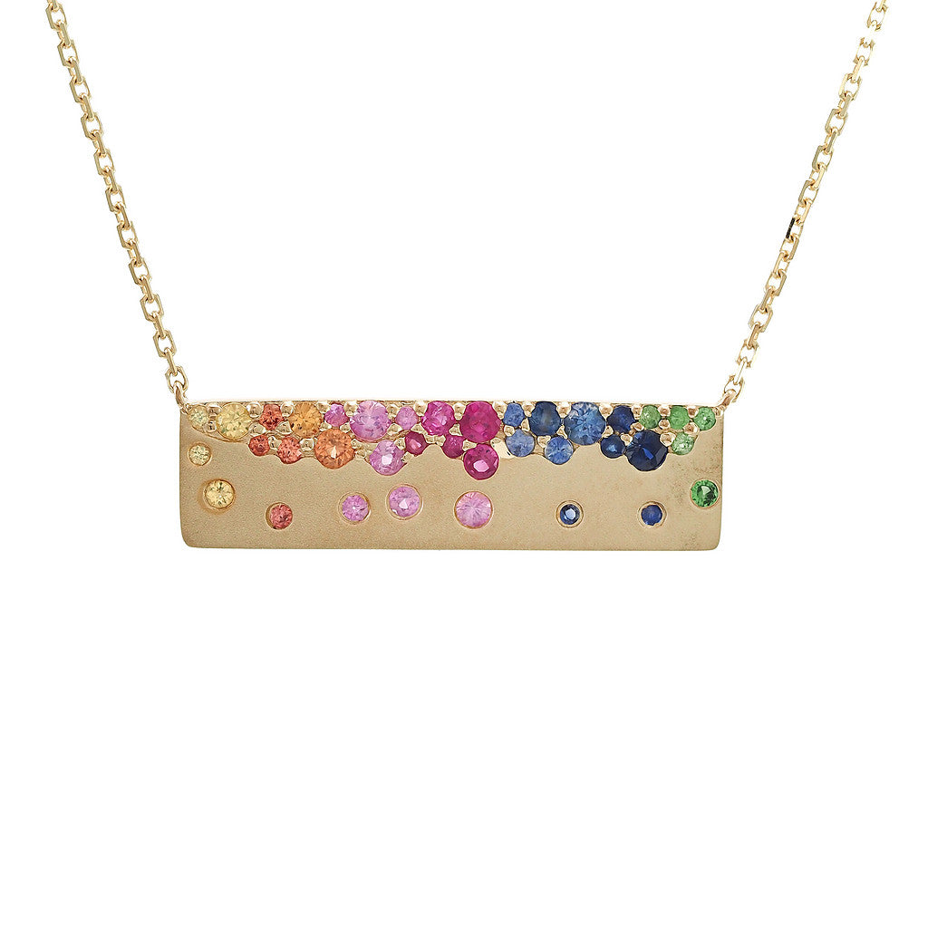 14K Yellow Gold Bar Round Bezel Multi Gem Rainbow Necklace
