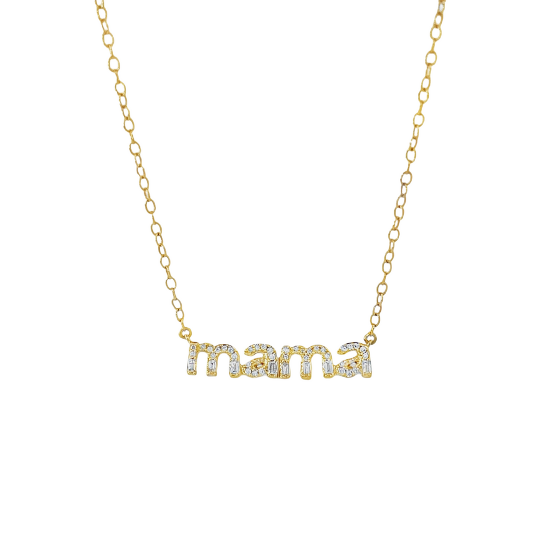 14K Yellow Gold Mama baguette Diamond Necklace Mother Day