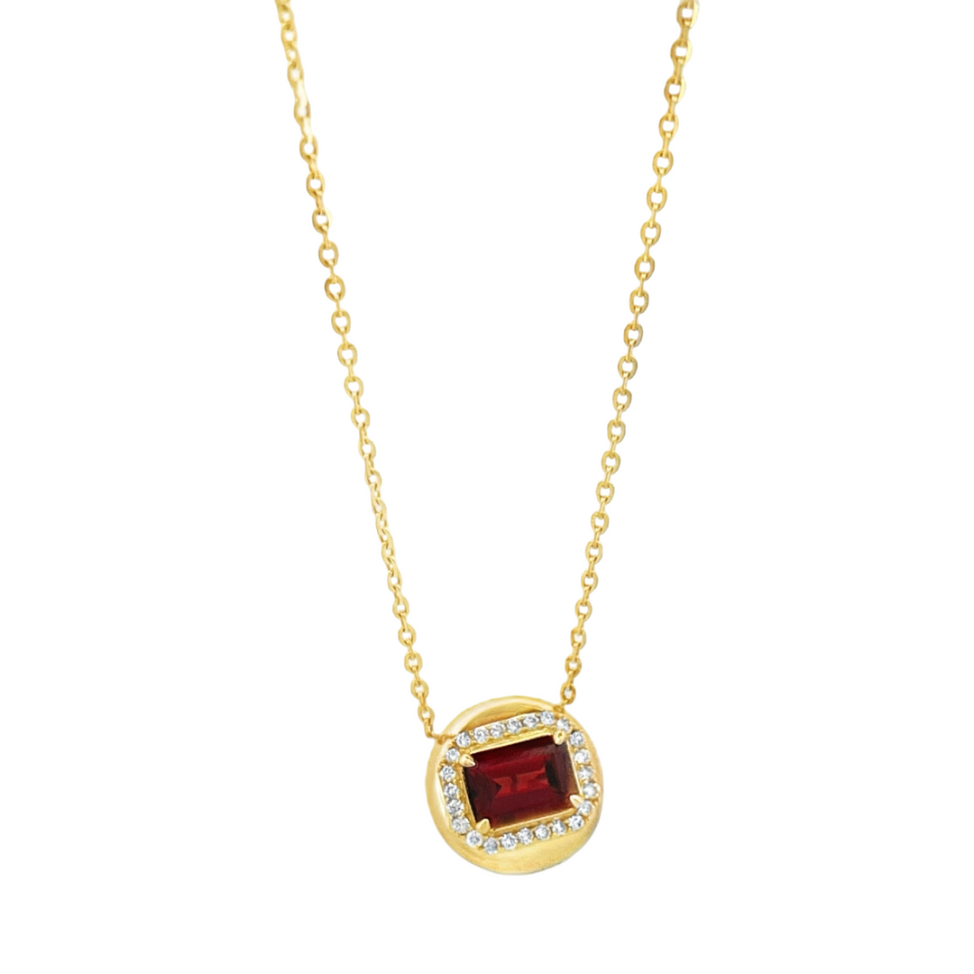 14K Yellow Gold Round Button Garnet Diamonds Necklace
