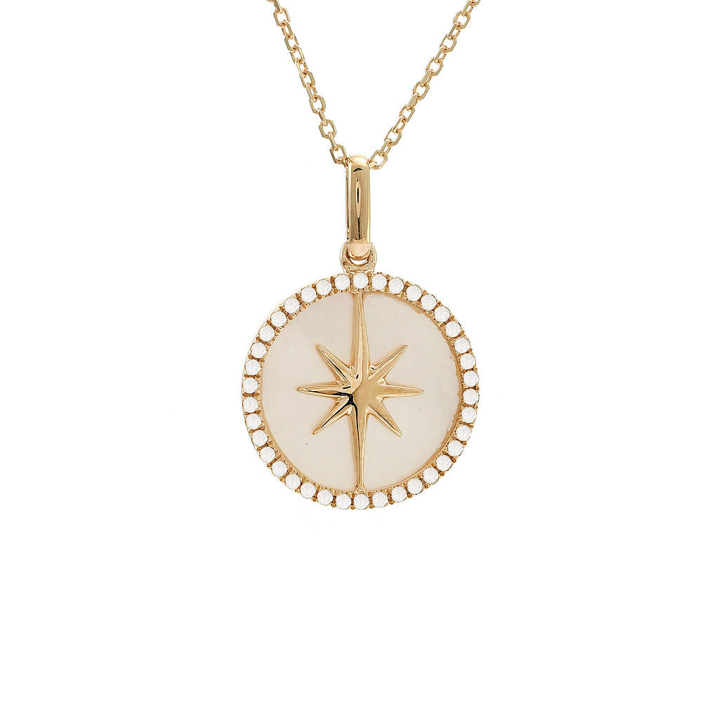 14K Gold Star Burst Flat Bezel Mother of Pearl (Destellos) Necklace