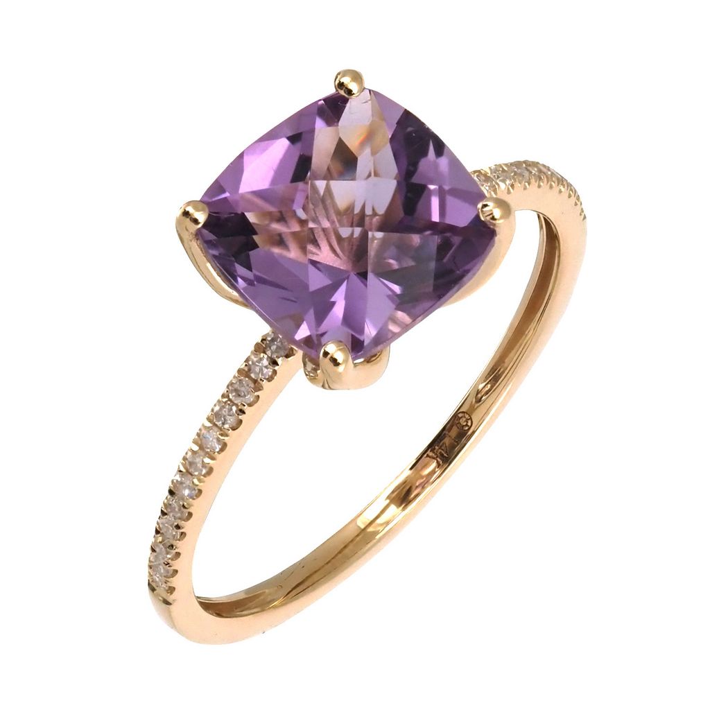 14K Cushion Prong Amethyst With Diamond Ring