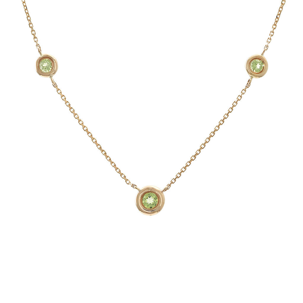 14K Yellow Gold 3 Round Bezel Peridot Necklace
