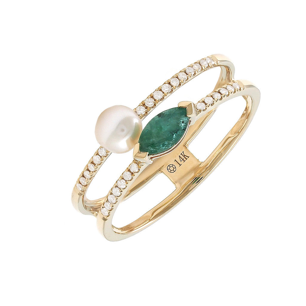 14K Emerald With Pearl And Diamond Ring