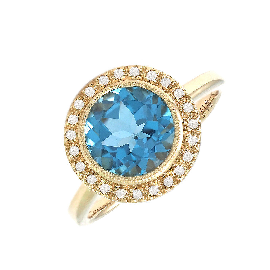 14K Round Bezel Diamond Blue Topaz Ring