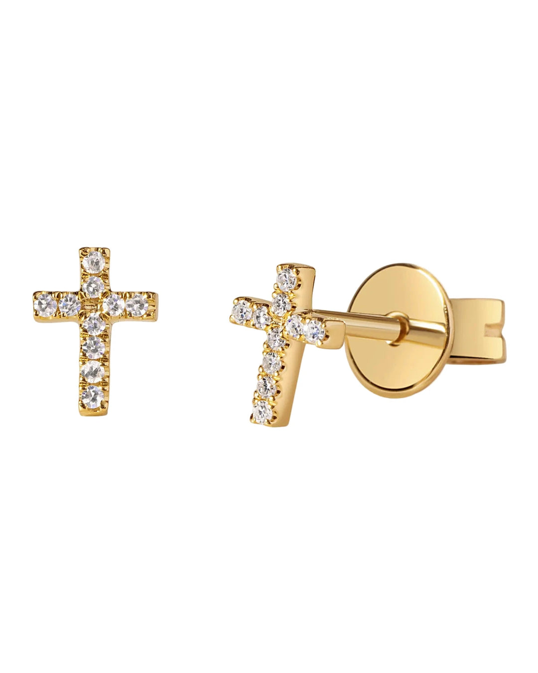 14K Yellow Gold Diamond Cross Earrings Pushbacks