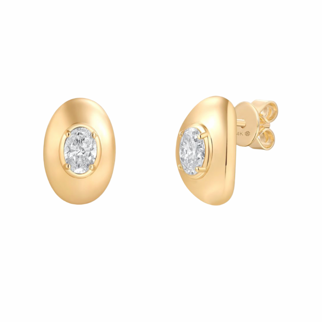 14K Yellow Gold Lab Grow Diamond Oval Studs Pushback Earrings