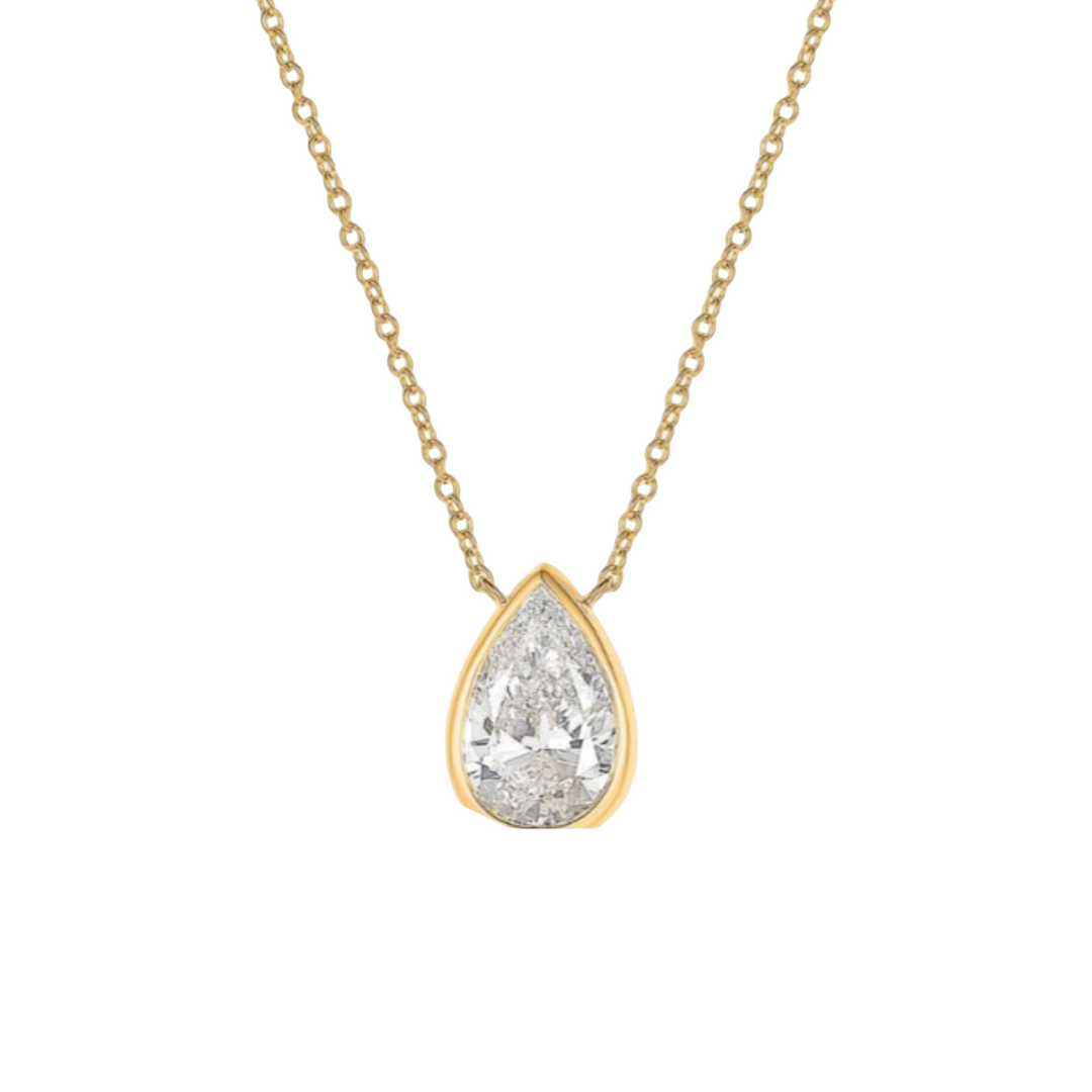 14K Yellow Gold Pear Bezel Solitaire Lab Grow Diamond Necklace