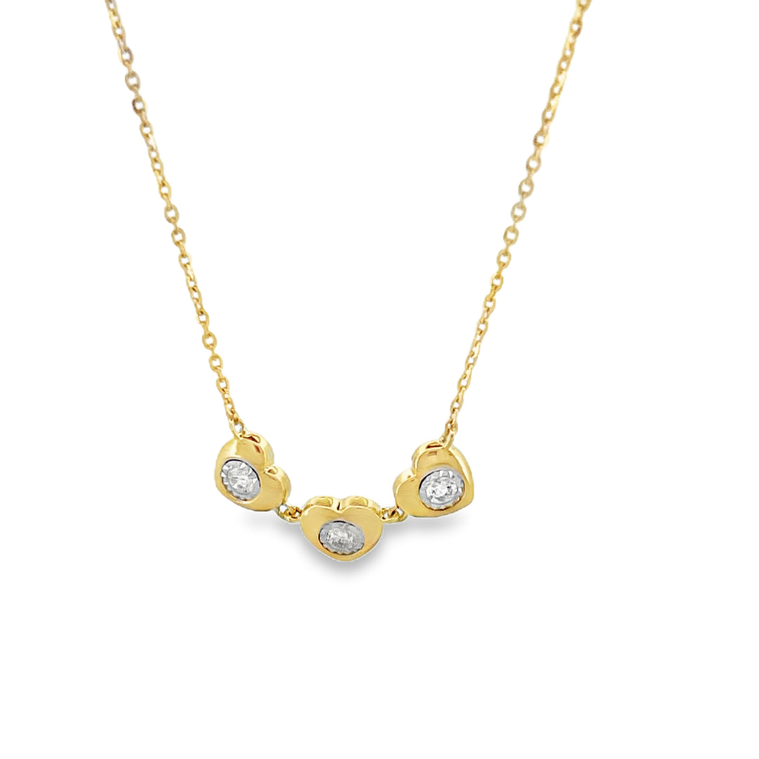 14K Yellow Gold Diamonds 0.10ct 3 Hearts Necklace