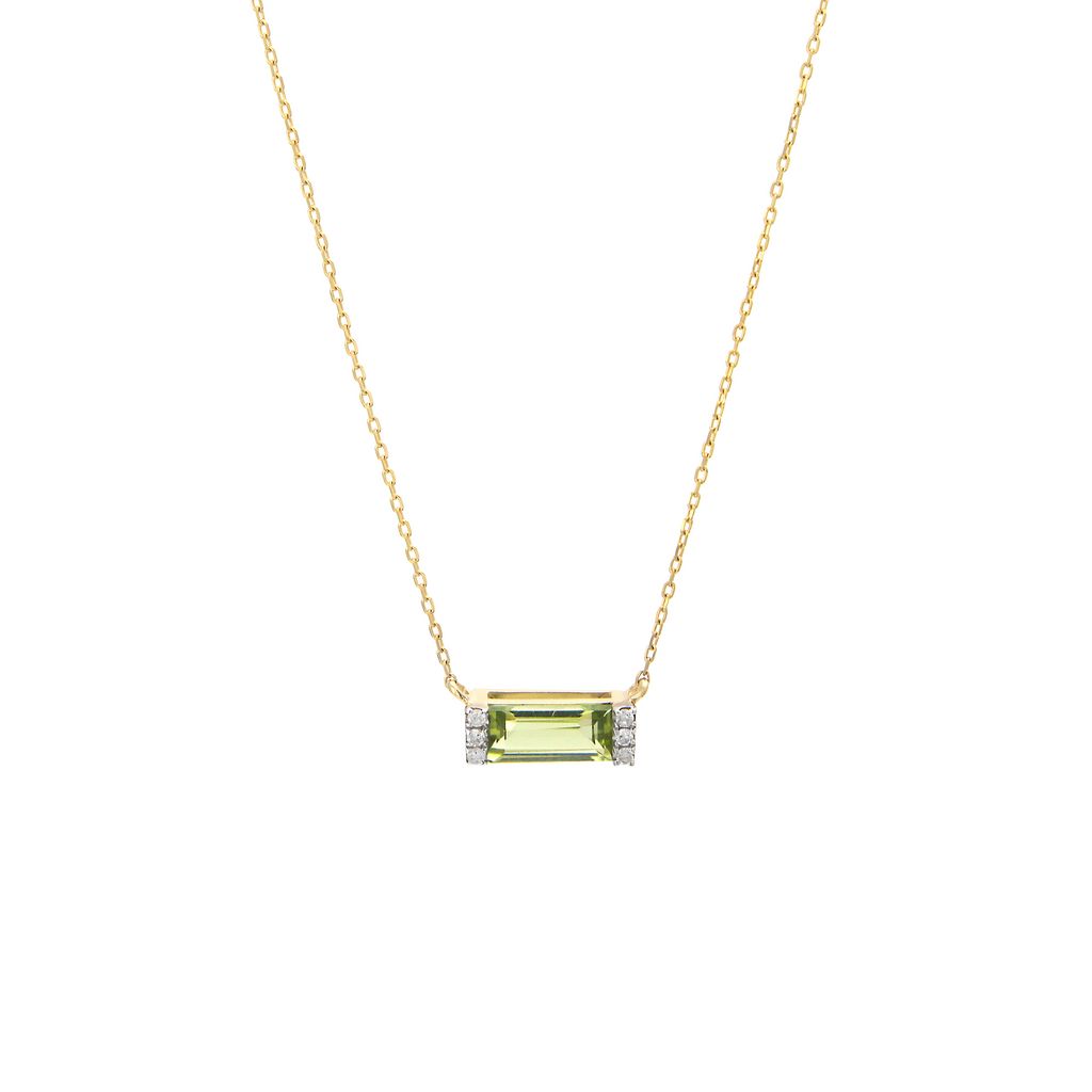 14K Yellow Gold and Diamond Bar Retangular Prong Peridot Necklace
