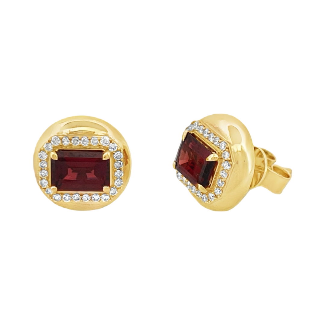 14K Yellow Gold Round Button Garnet Diamonds Earrings Pushbacks