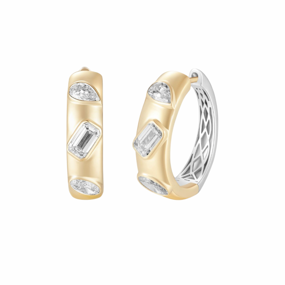 14K Yellow Gold Lab Grow Diamond Two Tones Huggies Multi Shape Earrings