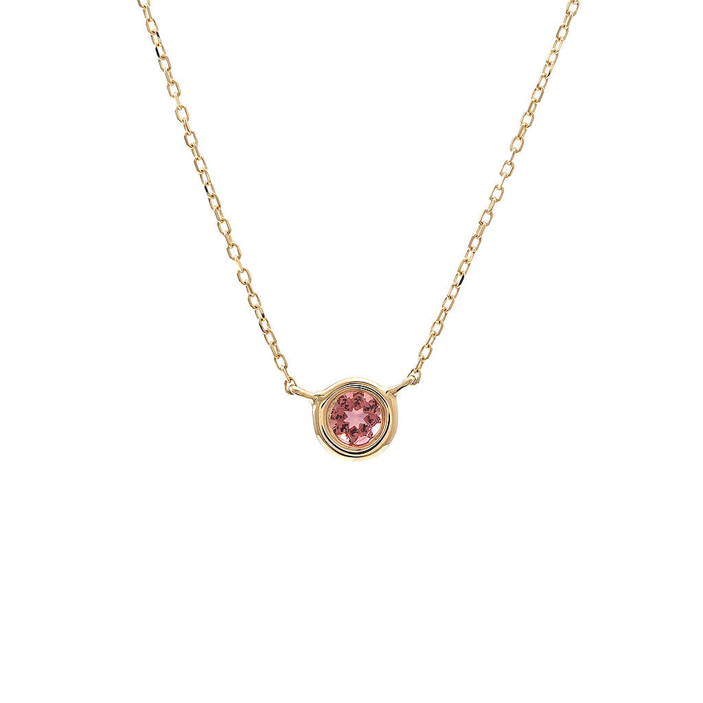 14K Yellow Gold Round Bezel Pink Tourmaline Necklace