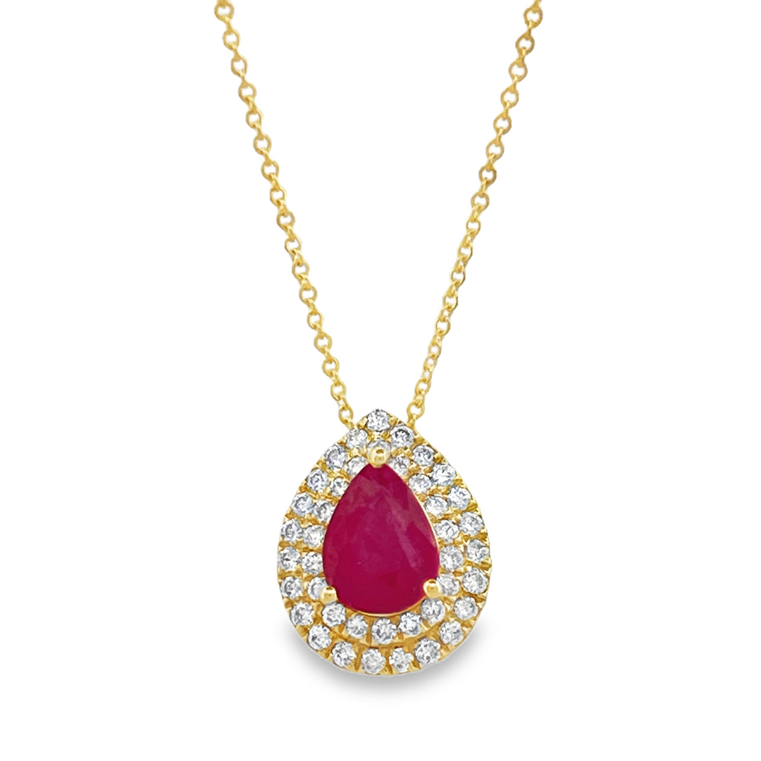14K Pear Ruby Yellow gold Necklace and Diamonds
