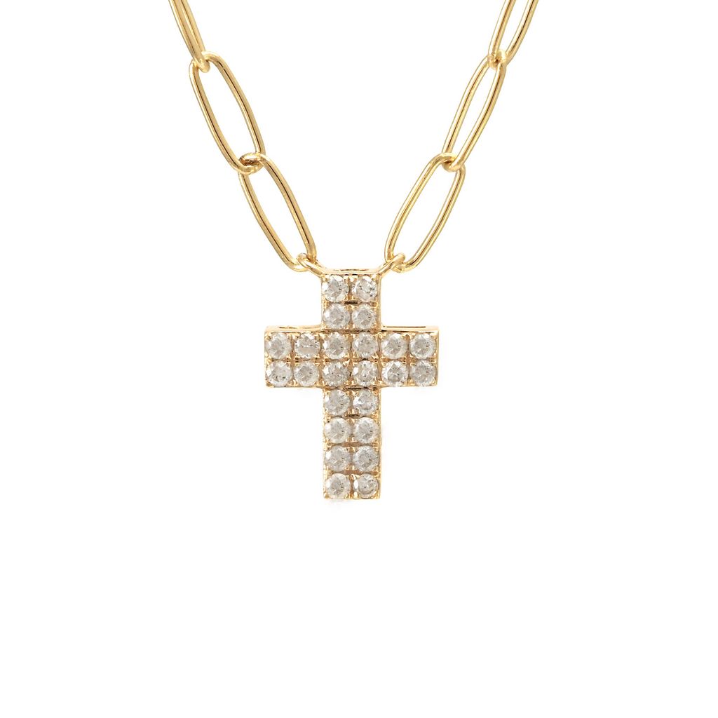 14K Paper Clip Cross Full Micro Pave Diamond Necklace
