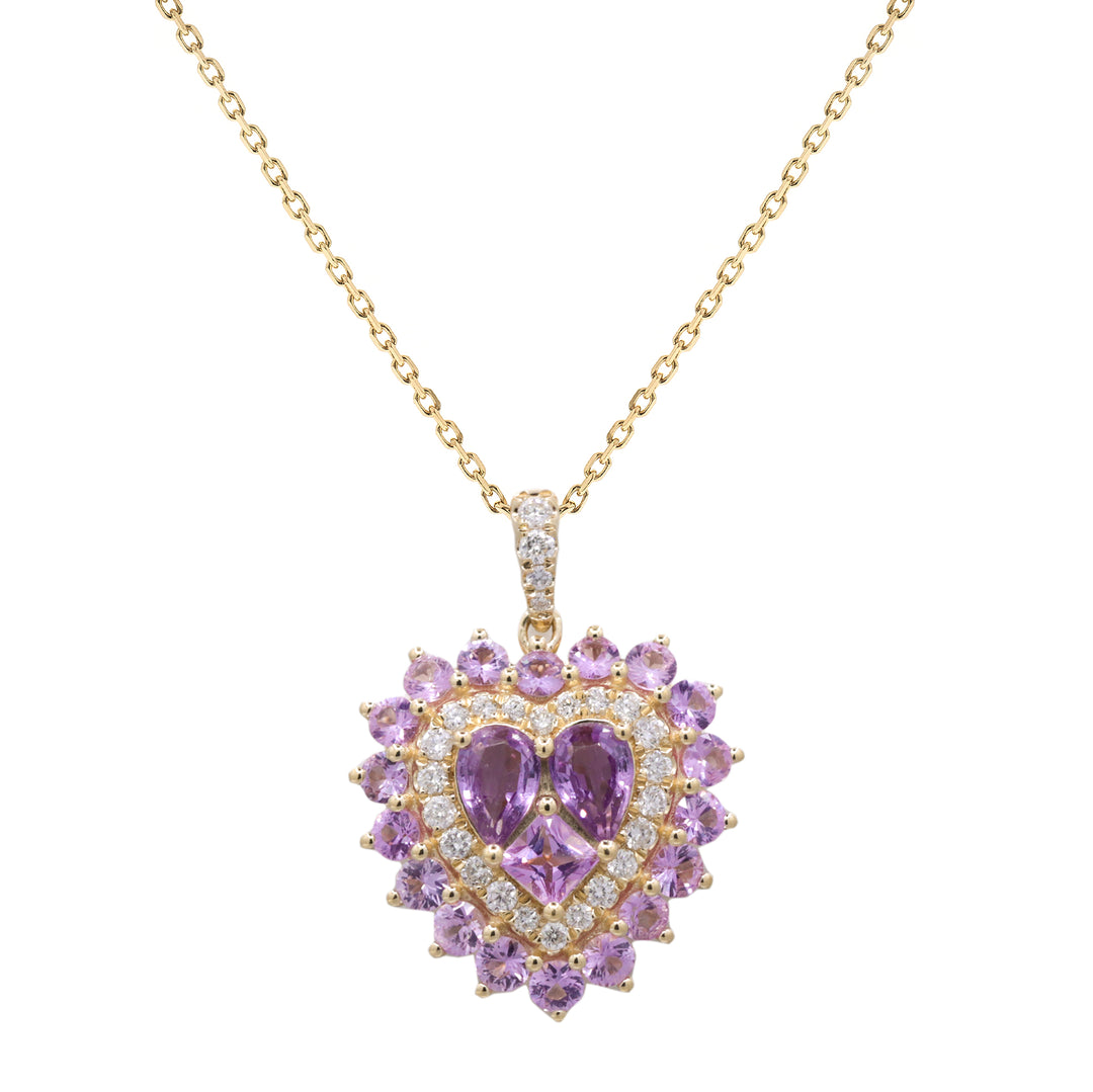 18KY Pink Sapphire Heart and Diamonds Pendant Necklace