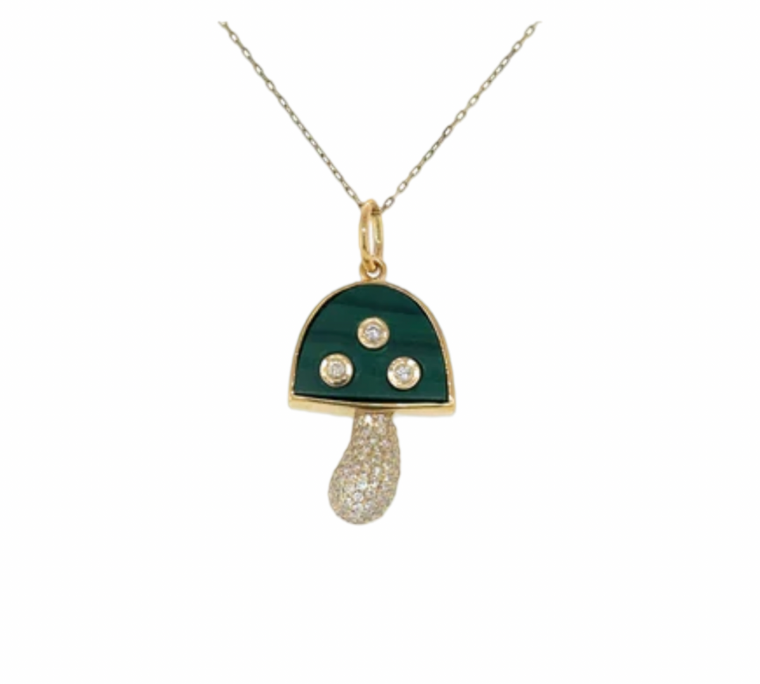 14KT YELLOW GOLD MALACHITE MUSHROOM PENDANT WITH DIAMONDS