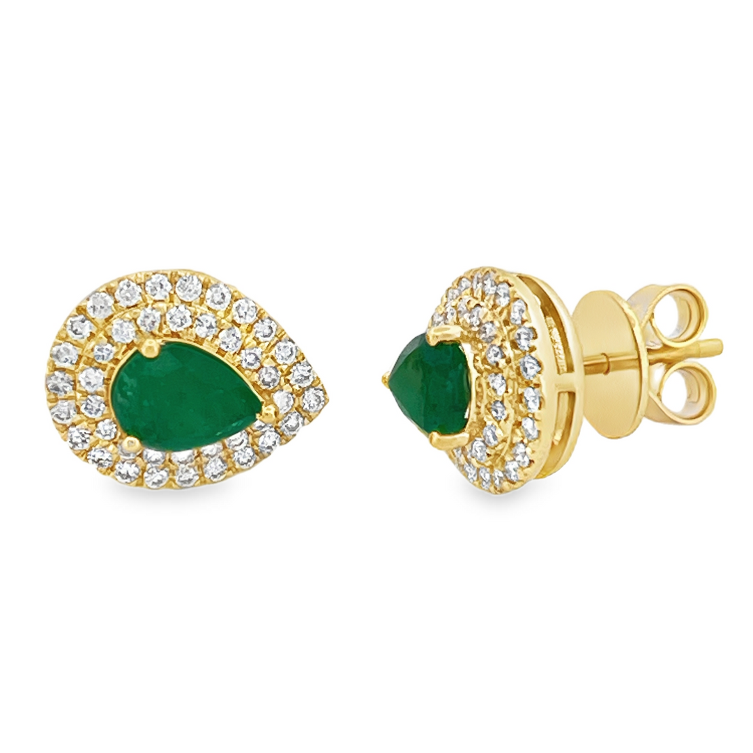 14K Pear Emerald yellow gold and diamonds Earrings pushbacks