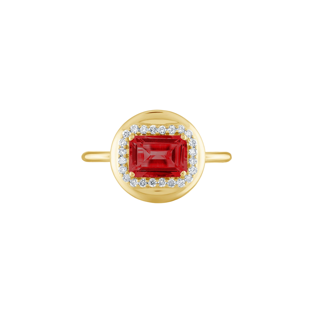 14K Yellow Gold Round Button Garnet Diamonds Ring