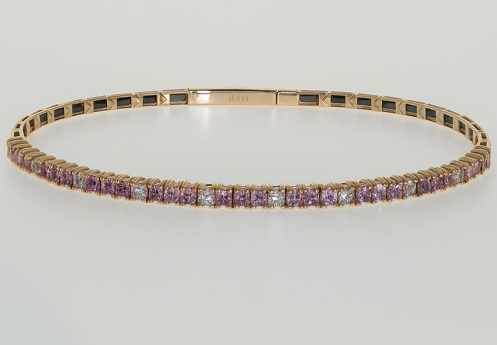 14Kt Yellow Gold Pink Sapphire Diamond Bracelet Flexible Bangle