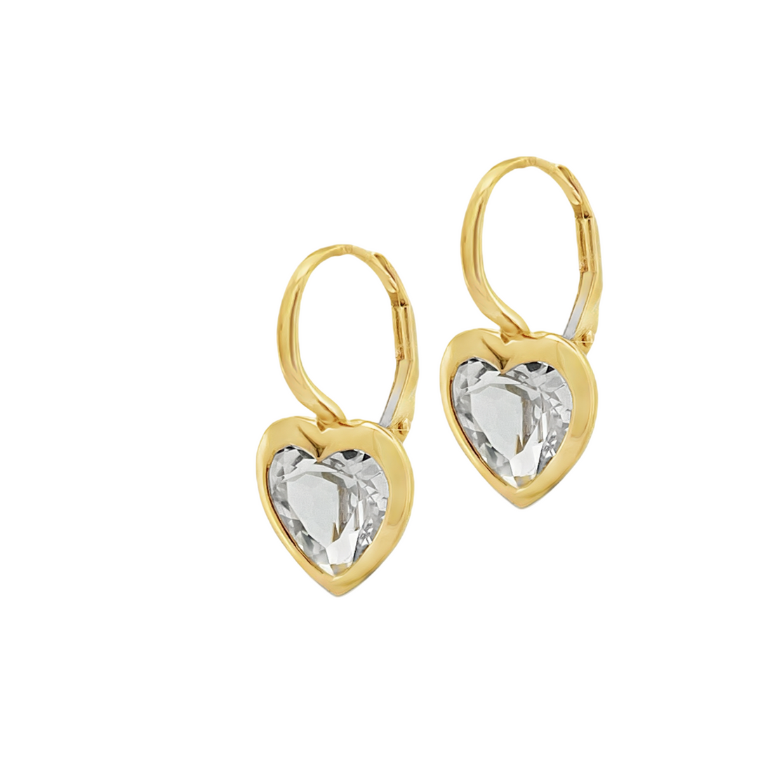 14K Yellow Gold White Topaz Heart Earrings