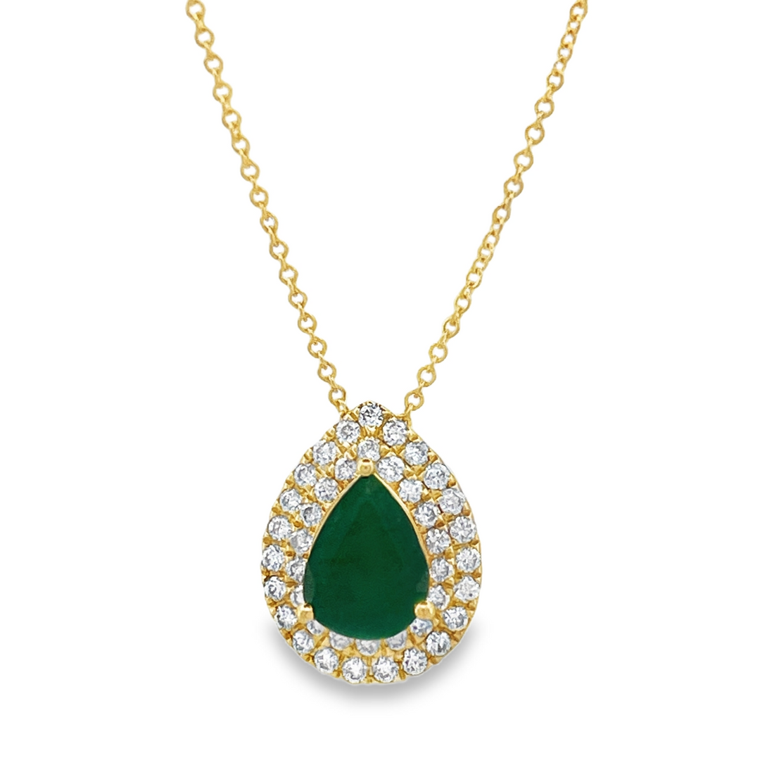 14K Pear Emerald Yellow gold Necklace and Diamonds