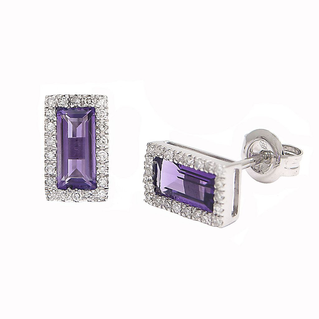 14K White Gold Stud Retangular Bezel Amethyst Earring