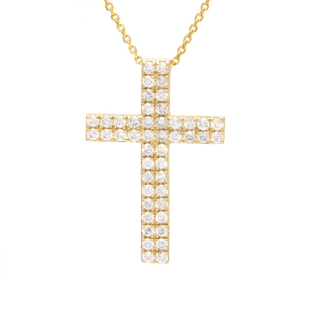 14K Gold Cross Round Micro Pave Diamond Necklace