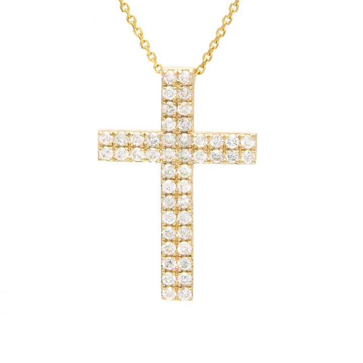 14K Gold Cross Round Micro Pave Diamond Necklace