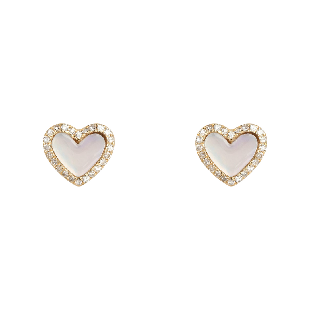 14K Yellow Gold Diamond and Mother Of Pearl Heart Pushback Earrings