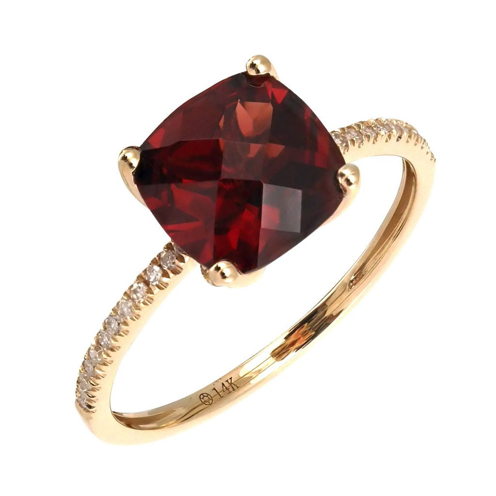 14K Cushion Prong Garnet With Diamond Ring