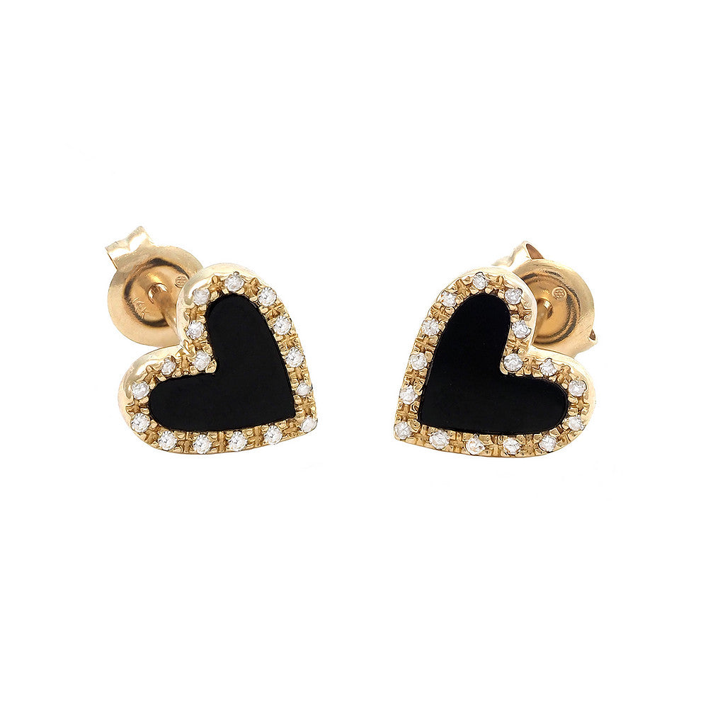 14K Onyx And Diamond Heart Shape Earring