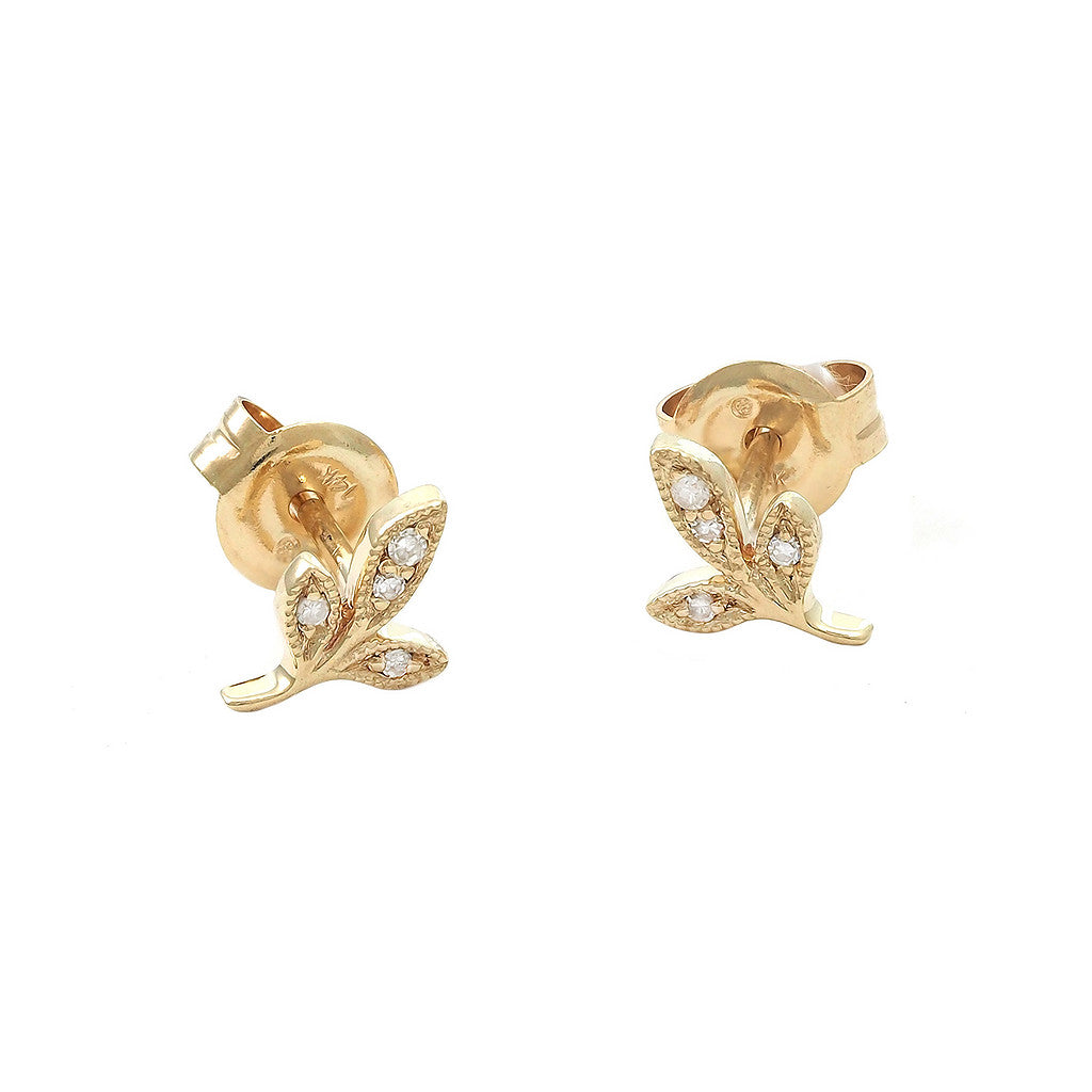 14K Diamond Leaf Earring