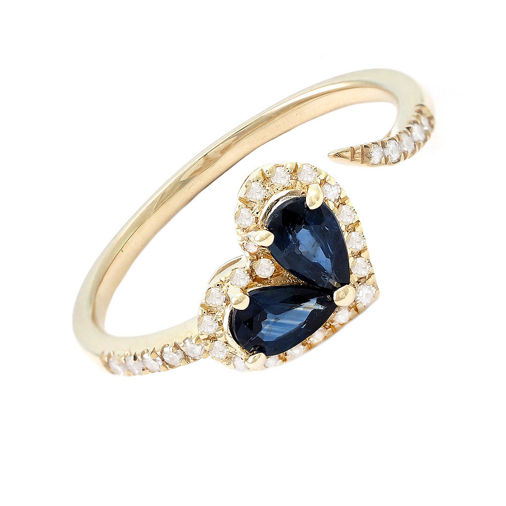 14K Yellow Gold Diamond Sapphire Heart Shape Ring