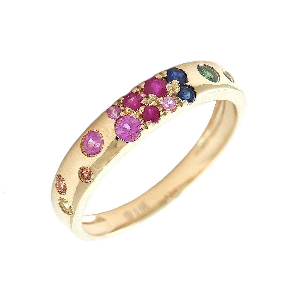 Yellow Gold Rainbow Round Bezel multi Gem Ring