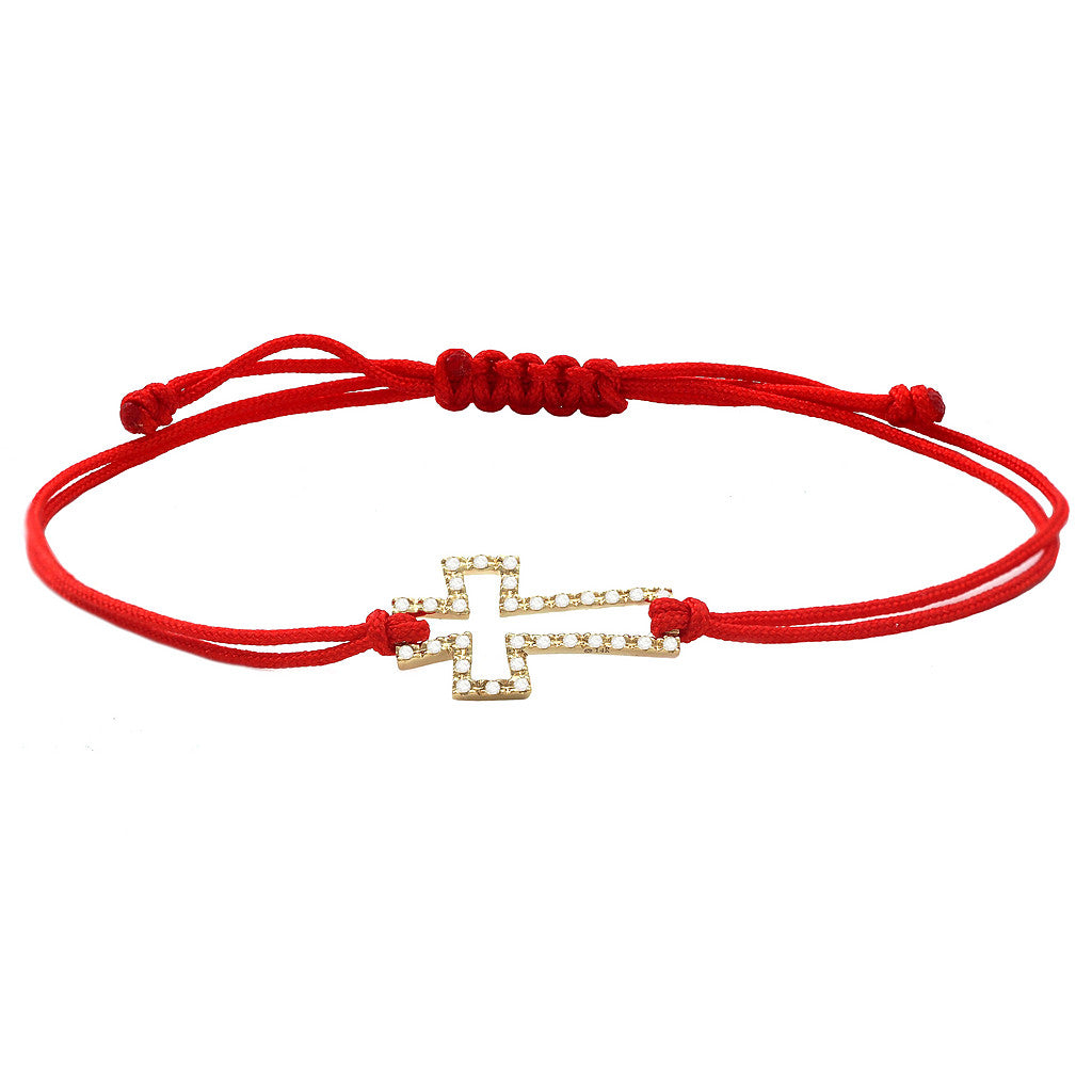 14K Diamond Cross Bracelet With Red Cord