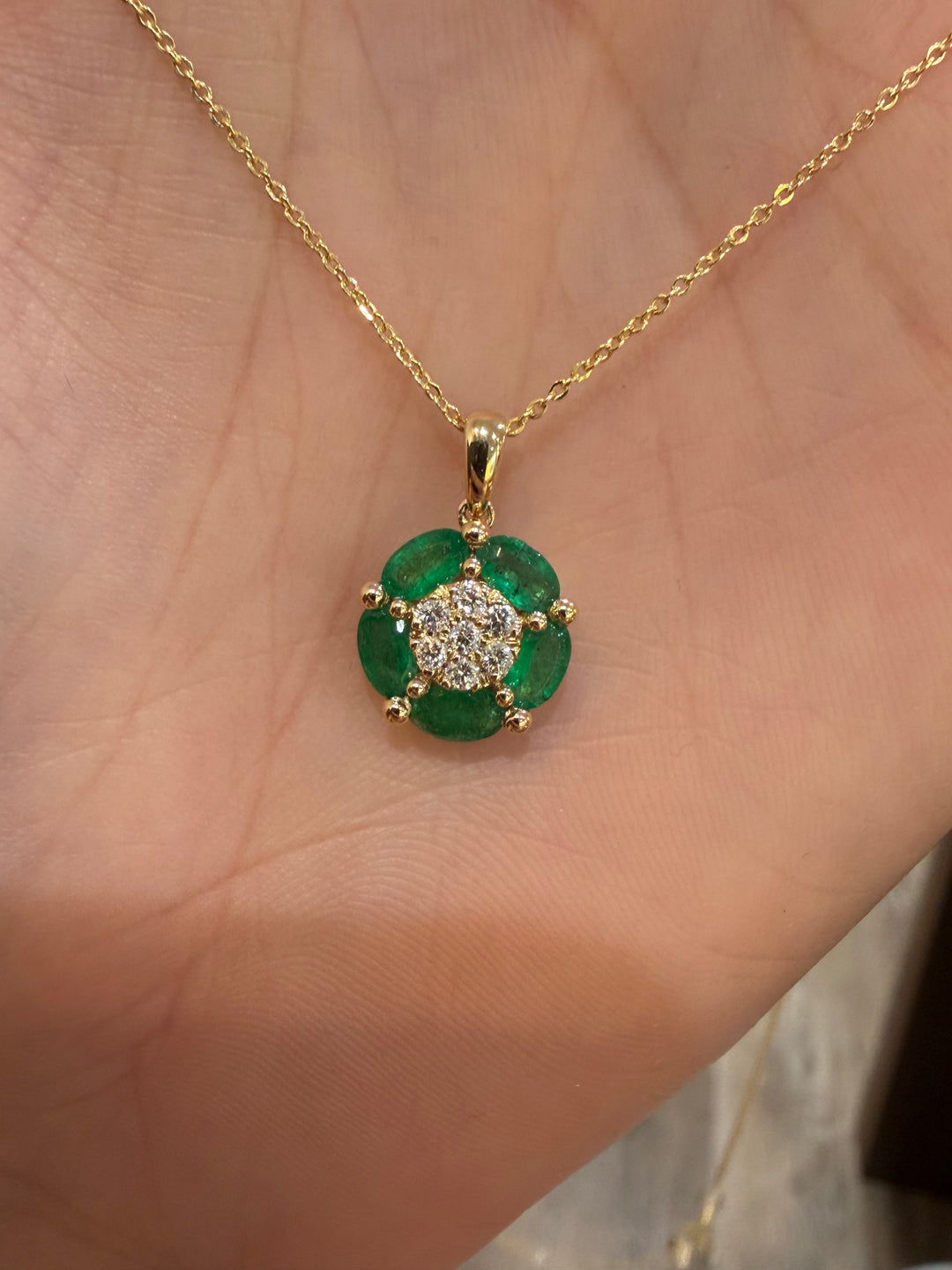 14K Yellow Gold Diamond and Oval Emerald Flower Necklace