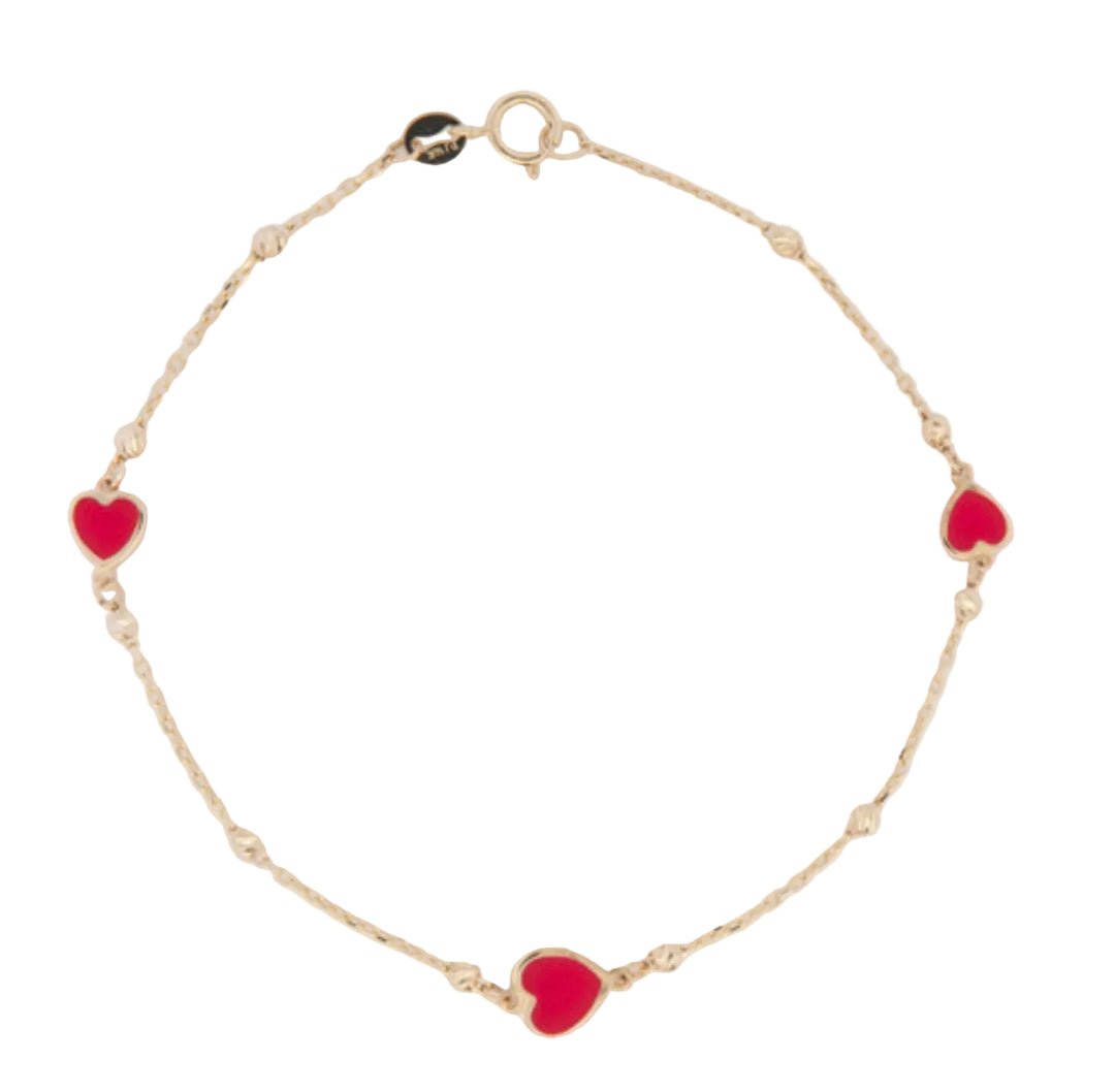 14k Yellow Gold Red Hearts Bracelet