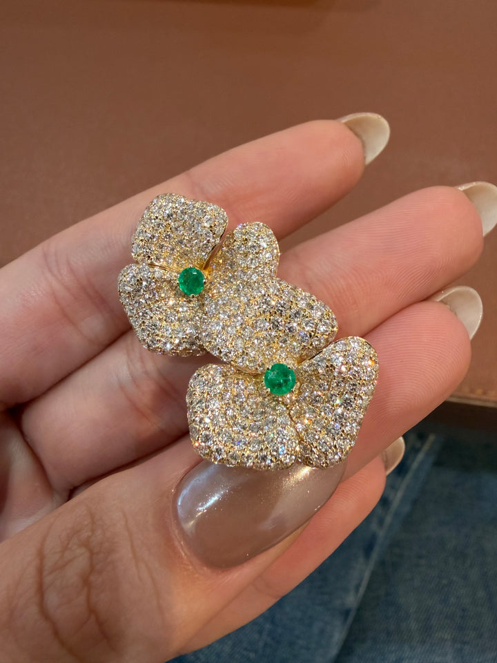 14K Yellow Gold Diamond and Emerald Fancy Flower Earrings Pushbacks