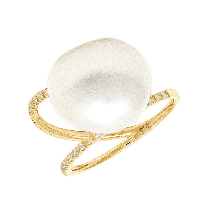 14K Yellow Gold Single Pave Diamond Pearl Ring