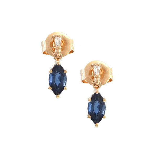14K Yellow Gold Sapphire Marquise And Baguette Diamond Drop Earring Pushbacks
