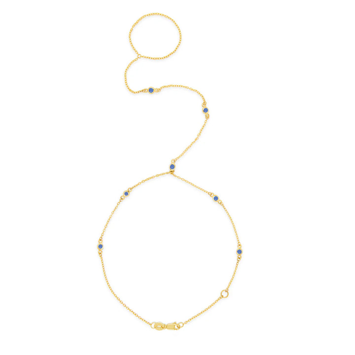 Yellow Gold Hand Chain Round Bezel Sapphire Bracelet